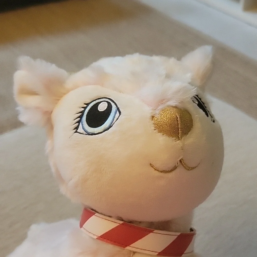 BAB Arctic pink baby reindeer with red & white striped collar. Build A Bear